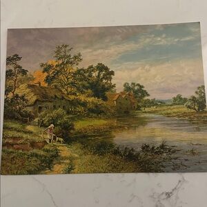 Vintage Landscape Calendar Art Print of Rustic Cottages on the Shores of a Pond